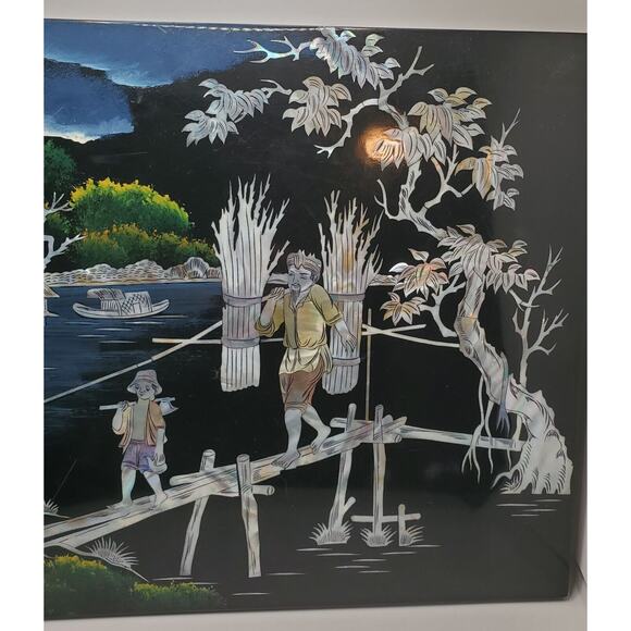 Inlaid Asian Artwork Shell On Black Lacquered Wood Vintage 12x16 Inches - Picture 4 of 15